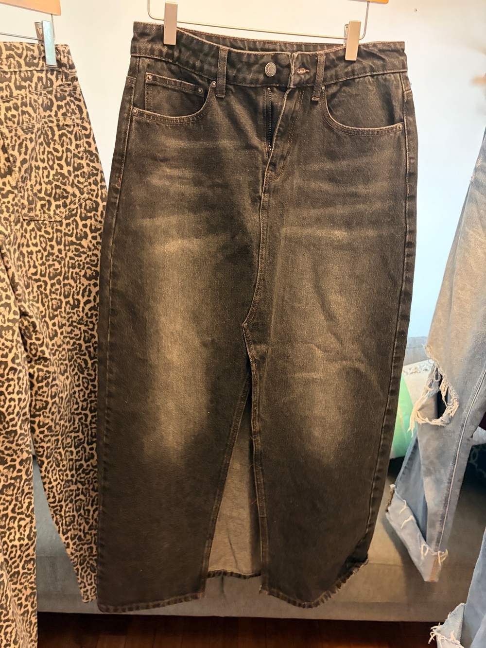 Front slit Black Washed Denim Skirt